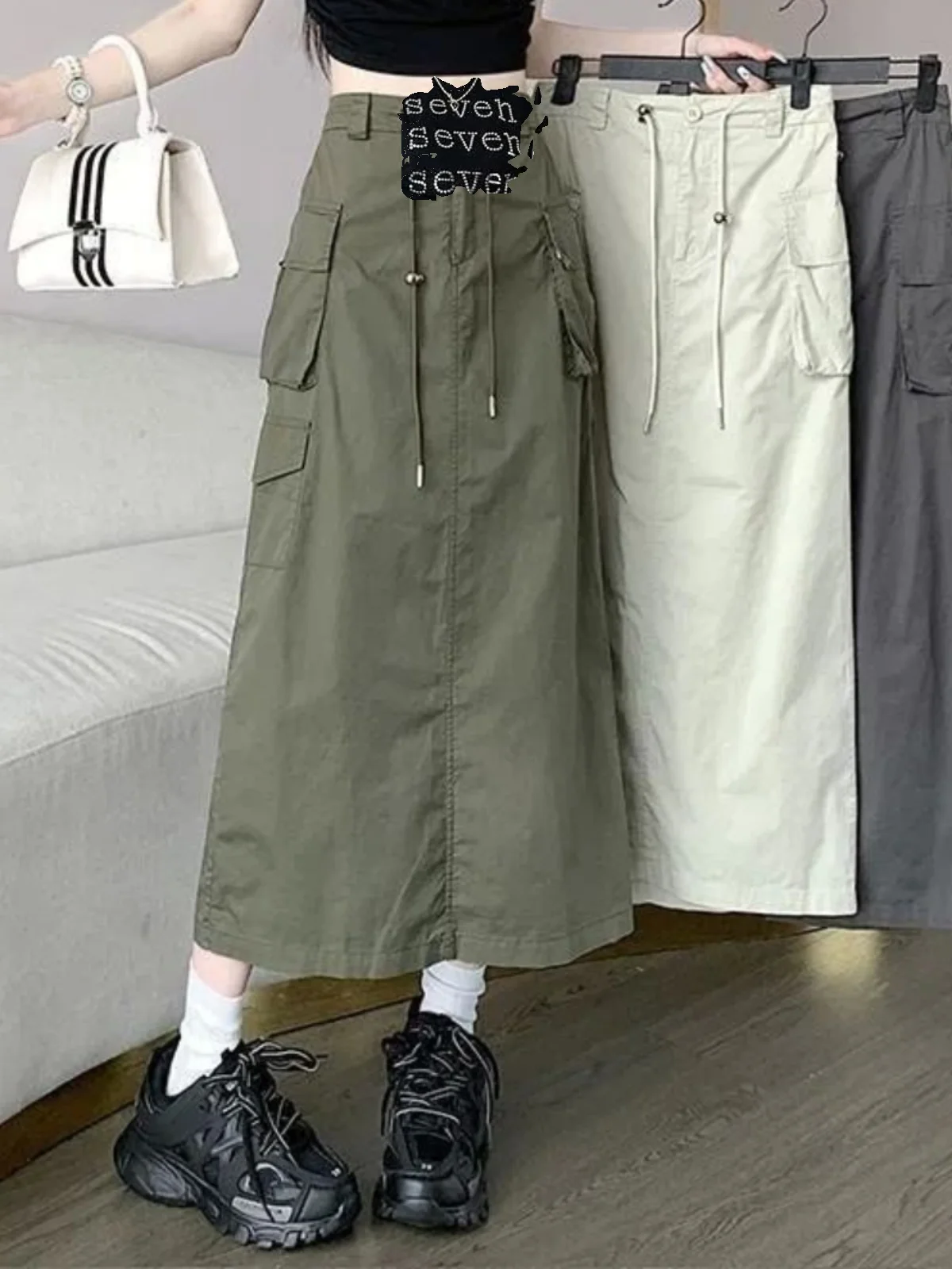 

Юбка-карго трапециевидной формы с высокой талией и завязками Американская рабочая одежда с разрезом средней длины Женская мода Весенний сезон