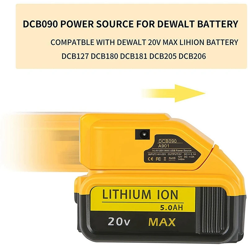 Top-DCB090 Is Suitable For Dewalt Dewei USB Charging Converter 14.4V/18V Lithium Battery With DC Port USB