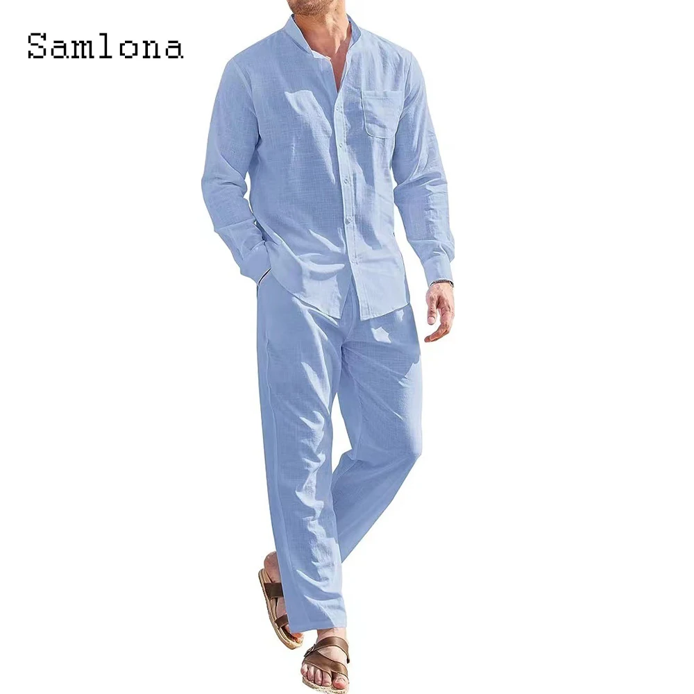 Plus Size Mens Casual Linen Two Piece Sets 2023 Europe Style Vintage Basic Tops and Solid Pants Suit Male Beach Tracksuits Set