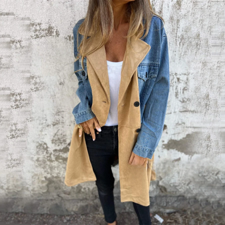 

2026 Y2k Denim Jacket Women Vintage Long Coat Patchwork Double Breasted Full Sleeve Jackets Pockets Overcoat Jeans Outerwear