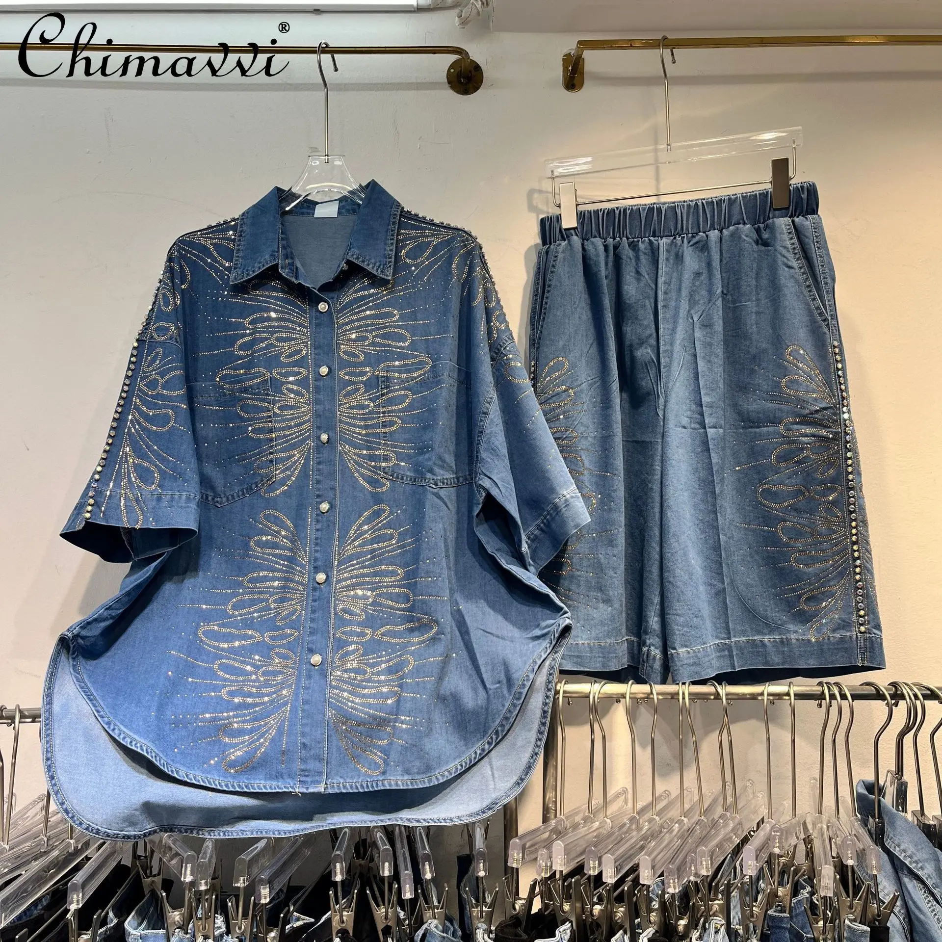 

European High Street Denim Suit Women's Fashion Irregular Shirt Top + Shorts Two-piece 2025 Summer Heavy Hot Diamond Outfits
