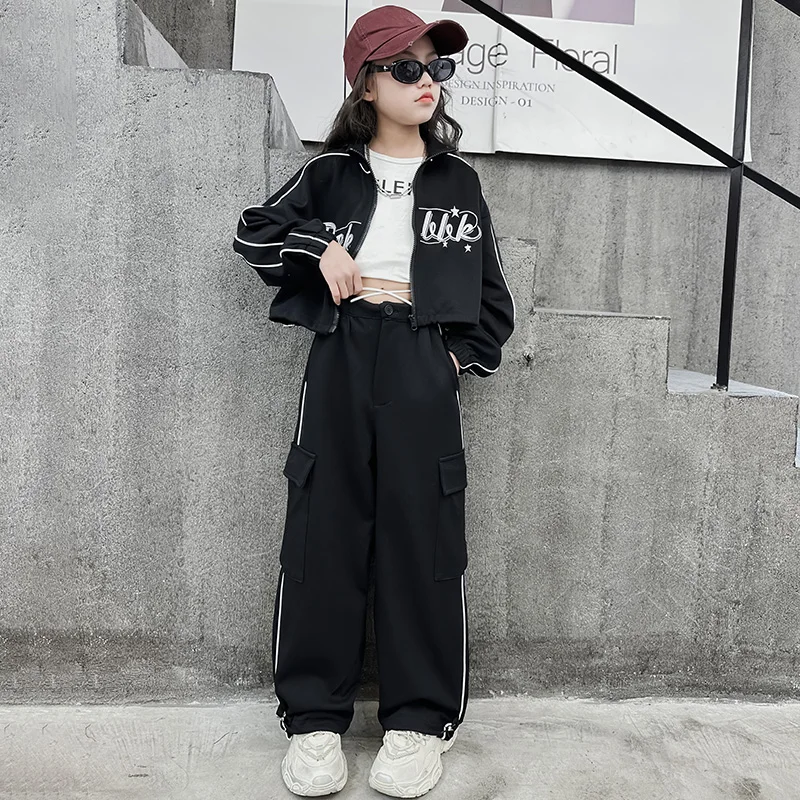 Kids Girl Fashion Streetwear Dance Clothes Set Short Zipper Coat Pants Sets Tracksuits Teen Clothing 3 5 7 9 11 13 15 Years Old