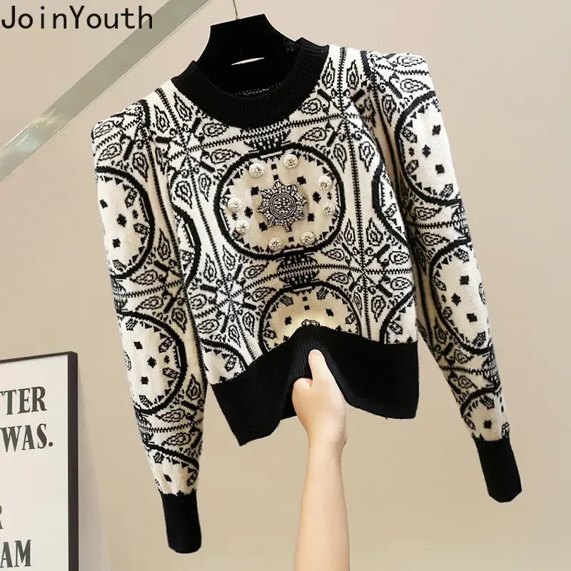 Vintage Cropped Pullovers for Women Beading Floral Korean Jumper O-neck Casual Knitted Sweater Tops Pull Femme Sueter Mujer