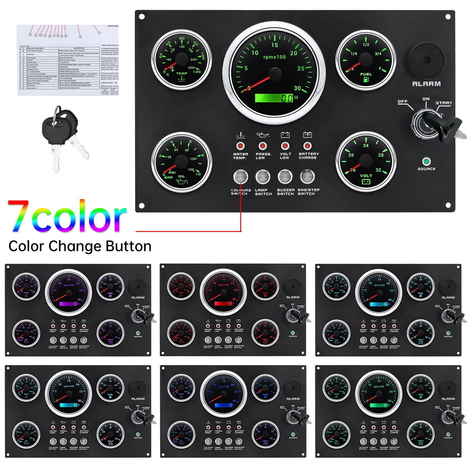 AD 5 Gauge Set with Instrument switch Panel With Key 0-3000 RPM 7 Color LED For Marine Boat Car Truck Accessories Rocker Switch