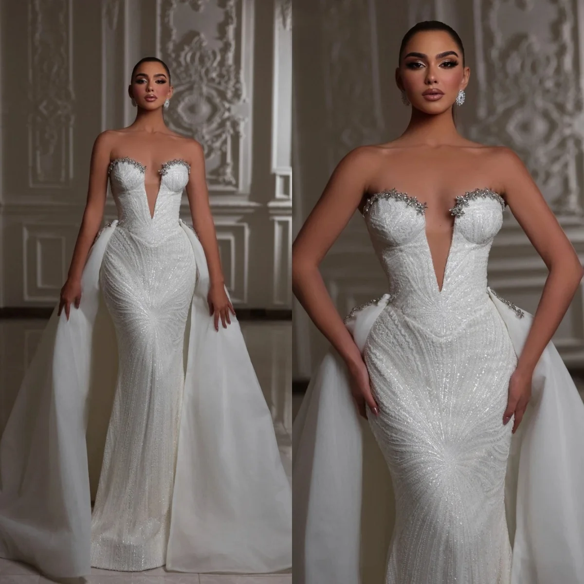 

Luxury Deep V-neck Mermaid Wedding Dress Detachable Train Bride Robe Customized Sequined Rhinestones Bridal Gown Robe De Mariée