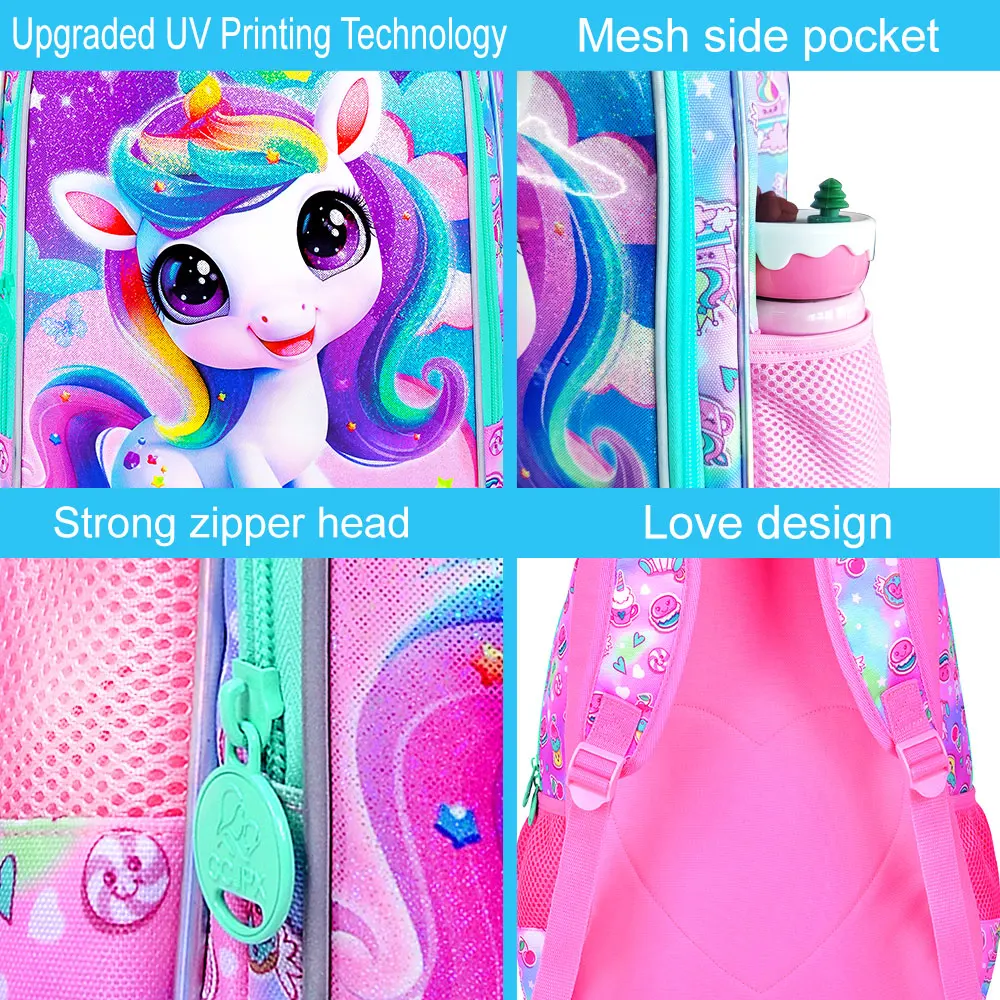 3 قطع حقائب ظهر للفتيات، حقيبة ظهر لطيفة على شكل وحيد القرن للأطفال الابتدائية مقاس 16 بوصة وحقائب كتب مدرسية لمرحلة ما قبل المدرسة وصندوق غداء #3