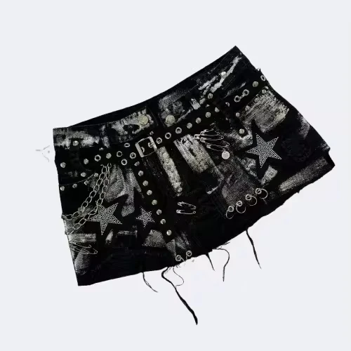 Y2K New Gothic Retro Black Denim Skirt Harajuku Star Graphic Rhinestone Rivet Mini Skirt Sexy Hot Girl Slim Low Waist Skirts