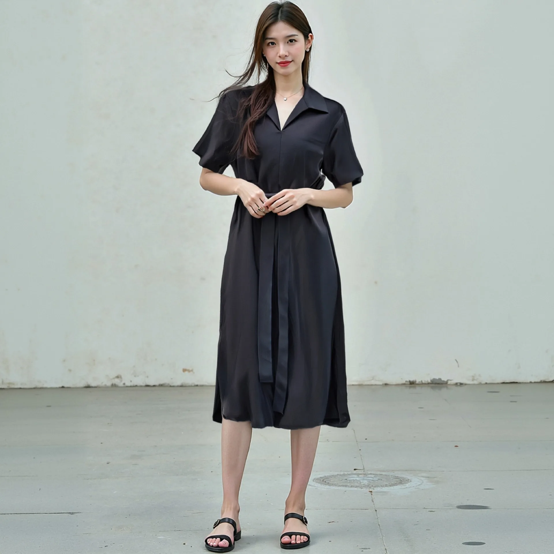 

Dave&di Simple Temperament V-neck Linen Blend Short Sleeved Lapel Lace Up Dress Elegant Party Dresses Vestidos Women's Dress
