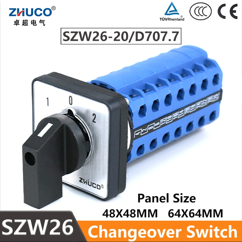 

ZHUCO SZW26/LW26-20 7 Phases ON OFF ON 20A 660V 28 Screws 1-0-2 Knob Changeover Cam Rotary Switch Panel Mounted 64X64 48X48mm