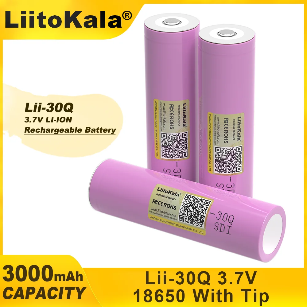 LiitoKala For New INR18650 30Q 18650 3000mAh lithium Rechargeable battery For High discharge Batteries+pointed