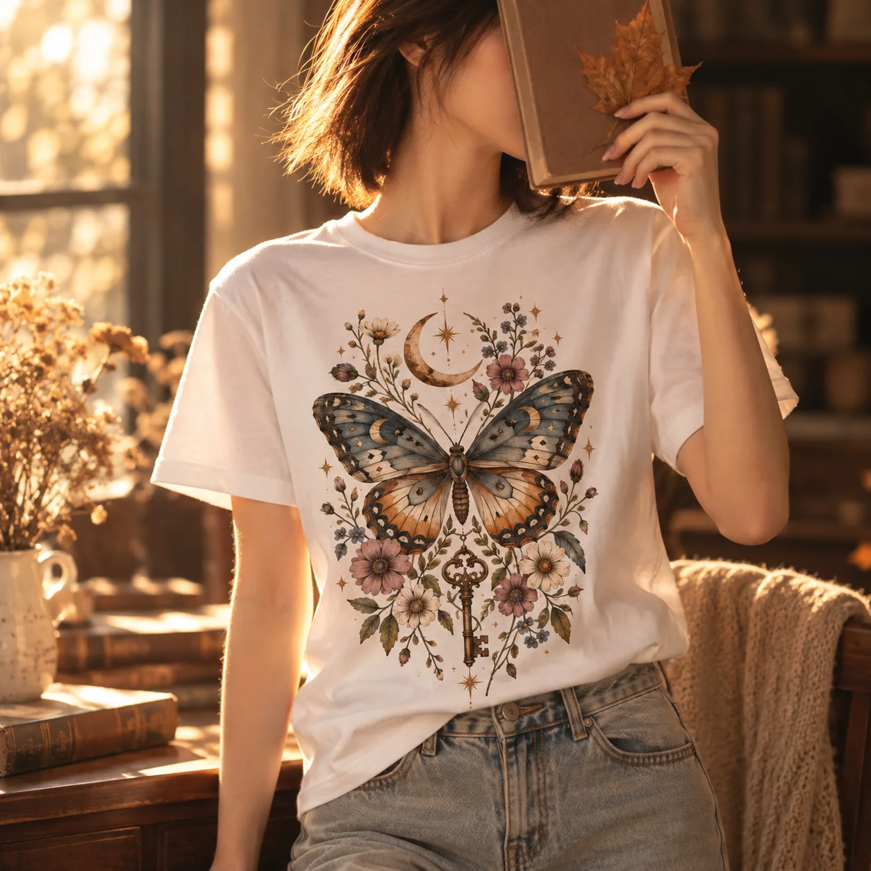 100% Cotton Vintage Celestial Butterfly Floral Moon Key Graphic T-Shirt, Witchy Cottagecore Tee For Casual Daily Wear