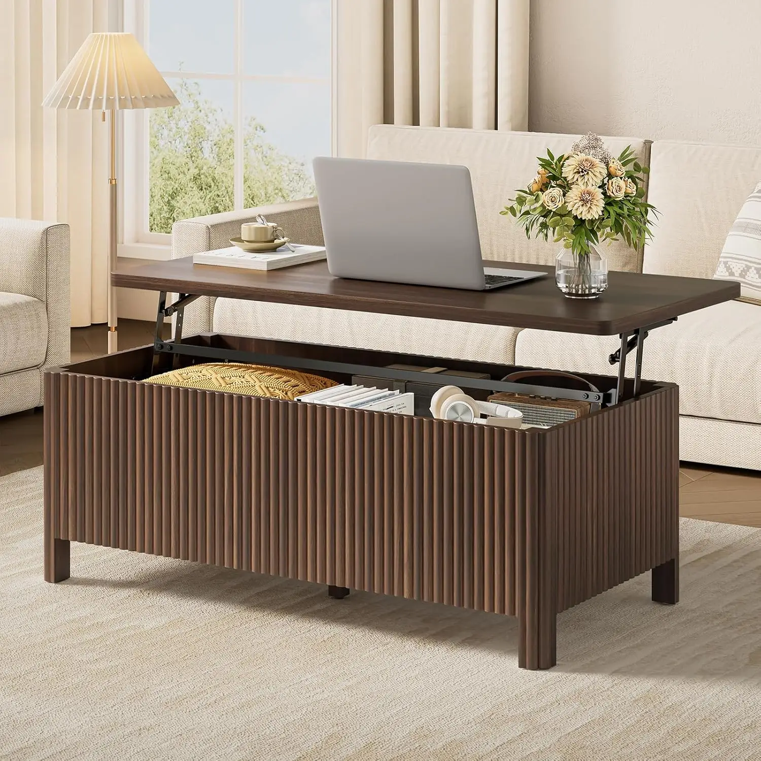 

Fluted Lift Top Coffee Table with Storage, Mid Century Modern Coffee Table with Hidden Compartment, Rising Top Wood, Customized