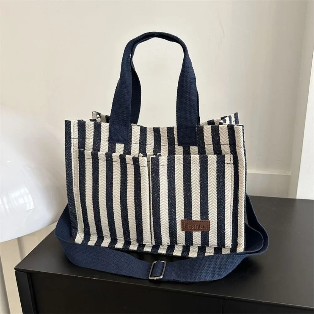 

Temperament Large Capacity Stripe Canvas Tote Bag Simple Korean Style Shoulder Bag Fashion Portable Cloth Handbag Shopping