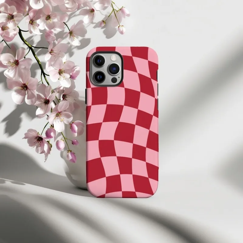 Retro Red Wavy Checkered Phone Case for iPhone 16 15 14 13 12 11 Pro Max XS XR XSMax 6 7 8 Plus Glossy HD Hard PC Cover