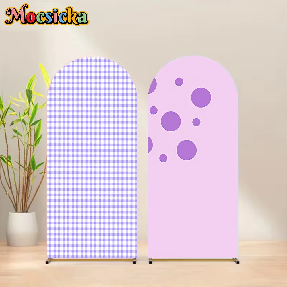 

Mocsicka Double-Sided Arch Background Purple Butterfly Grid Decor Baby Birthday Party Arched Cover Backdrop Studio Shooting Prop