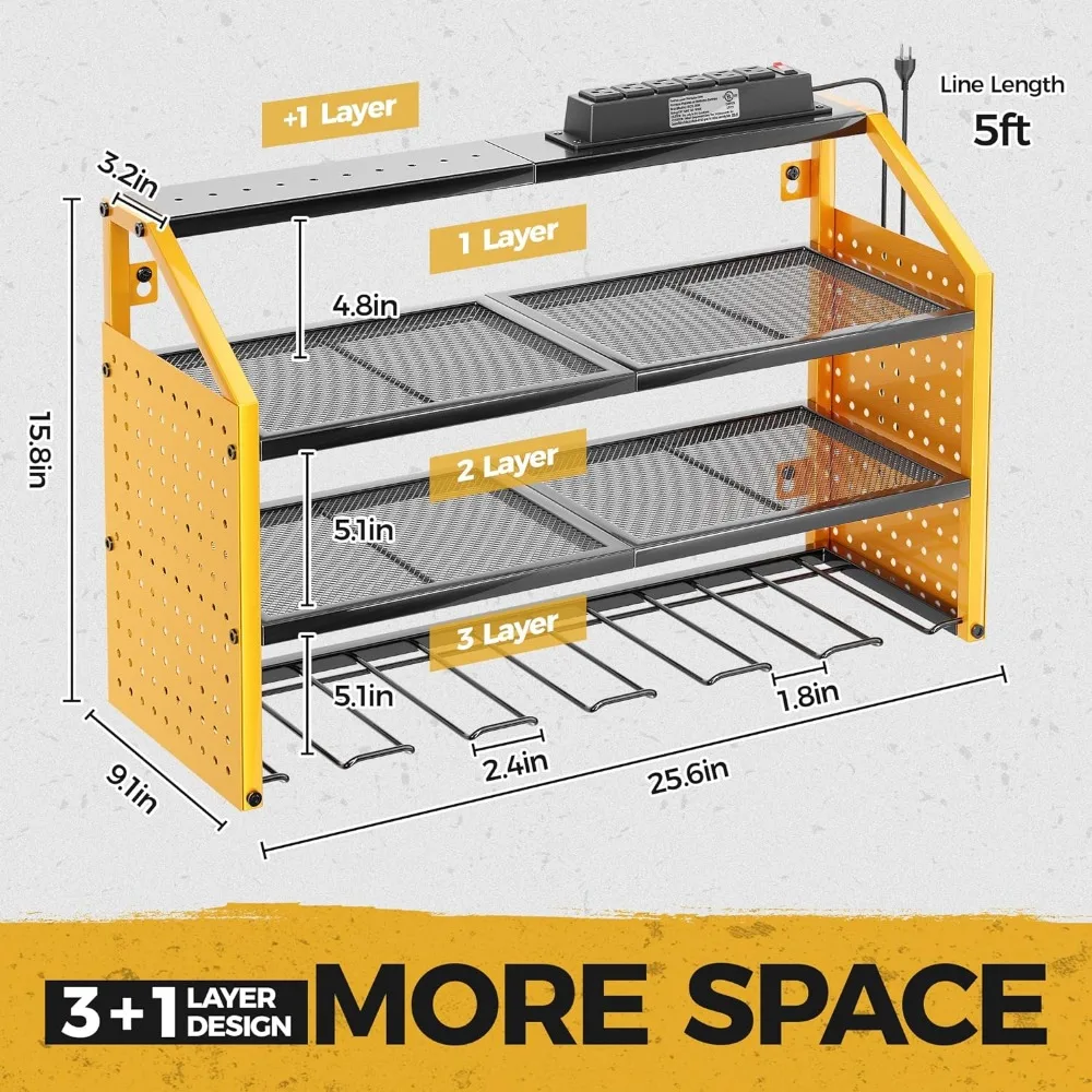 LBT Power Tool Organizer with Charging Station. Patented, Drill Storage Rack Wall Mount, Heavy Duty Steel, 6 Drill Storage Shelf