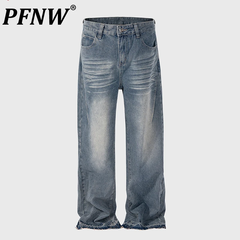 PFNW Laser Texture Printing Blue Straight Jeans Men's Simple American Trend Do Old Loose Pants 2025 New Denim Trousers 28W5597