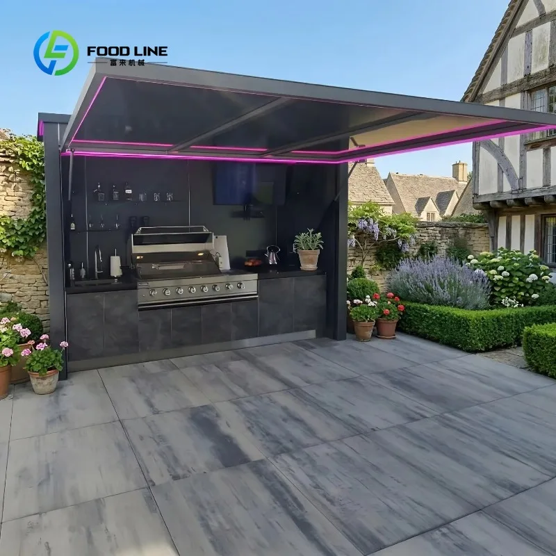 Customized Antirust Stainless Steel Outdoor Kitchen with Closable Shed Moisture Resistant Outdoor Kitchen BBQ Pod for Villa