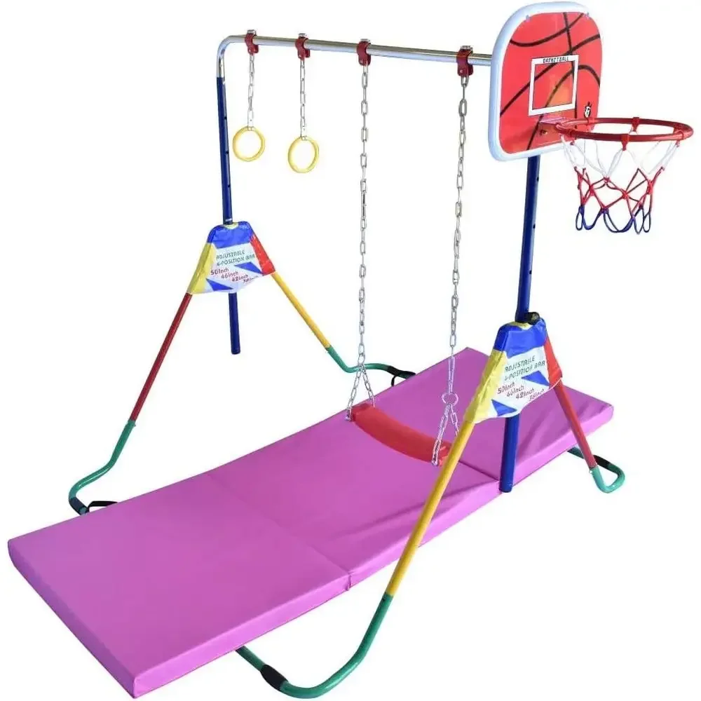 

4-in-1 Jungle Gym with Horizontal Bar, Tumble Mat, Monkey Bars, Swing Set, Trapeze Rings, and Basketball Net