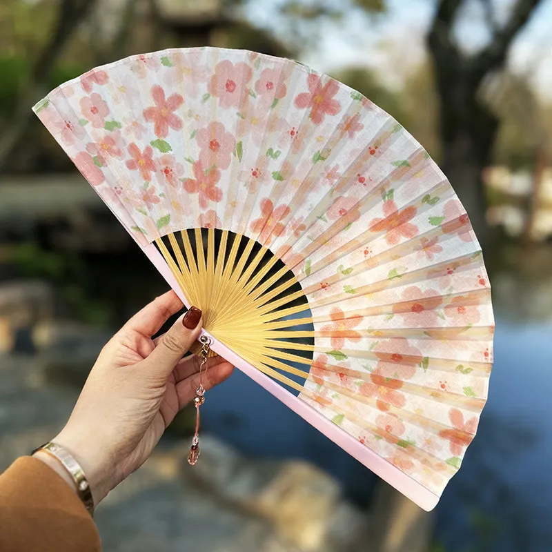 Pink Peach Blossom Pattern Folding Fan Portable Summer Cooling Daily Fan for Women Hanfu Lightweight Travel Gift Chinese Style
