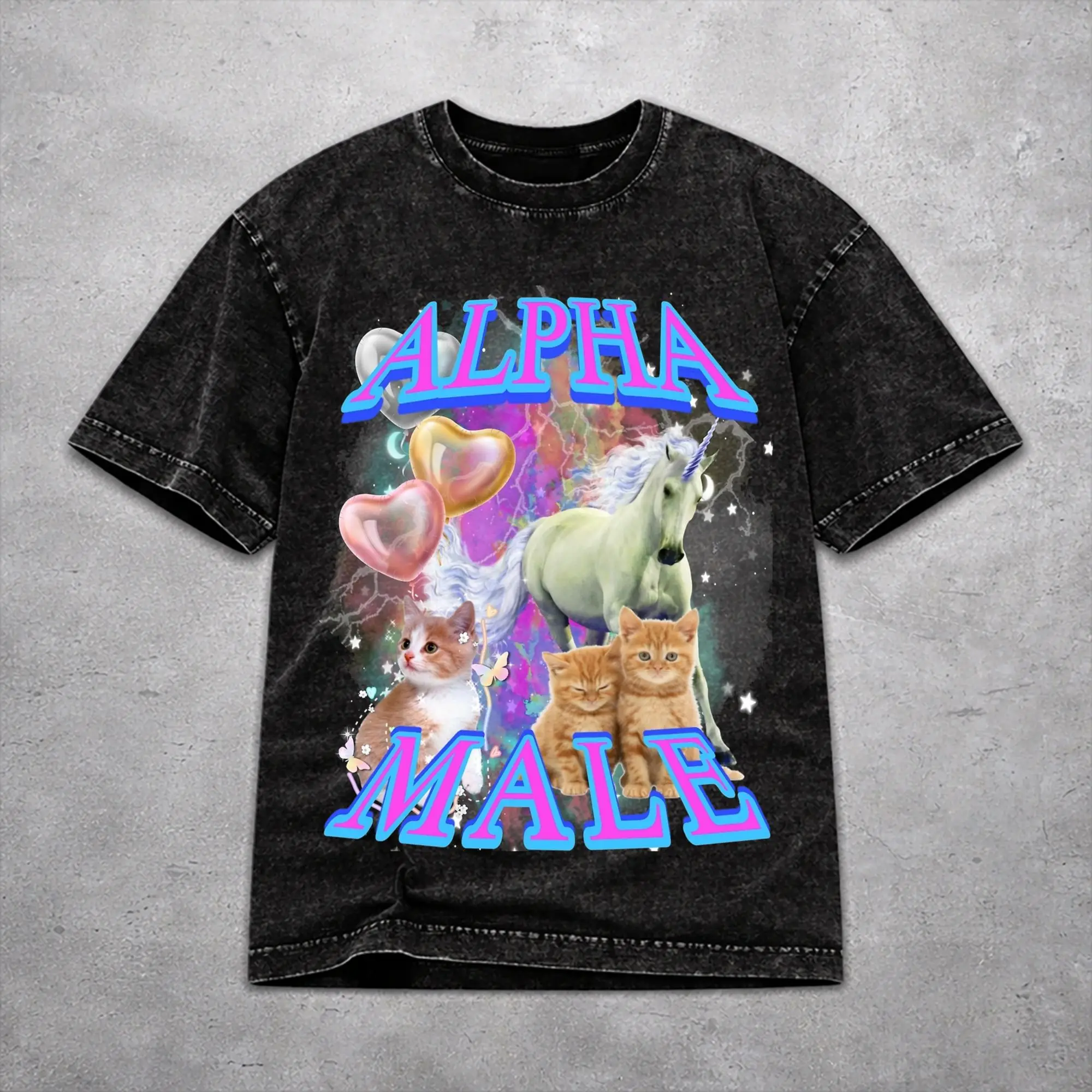 Alpha Male Cat Kitten Funny  Washed T Shirt Vintage Streetwear for Men Women  Loose T-Shirts Tee Cotton