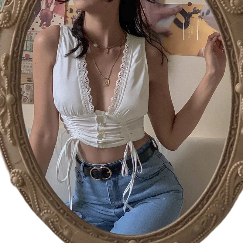 New Fashion French Style Romatic Slim Irregular Tank Tops Drawstring Sexy Deep V-neck Crop Tops 2024 Summer Clothes for Women