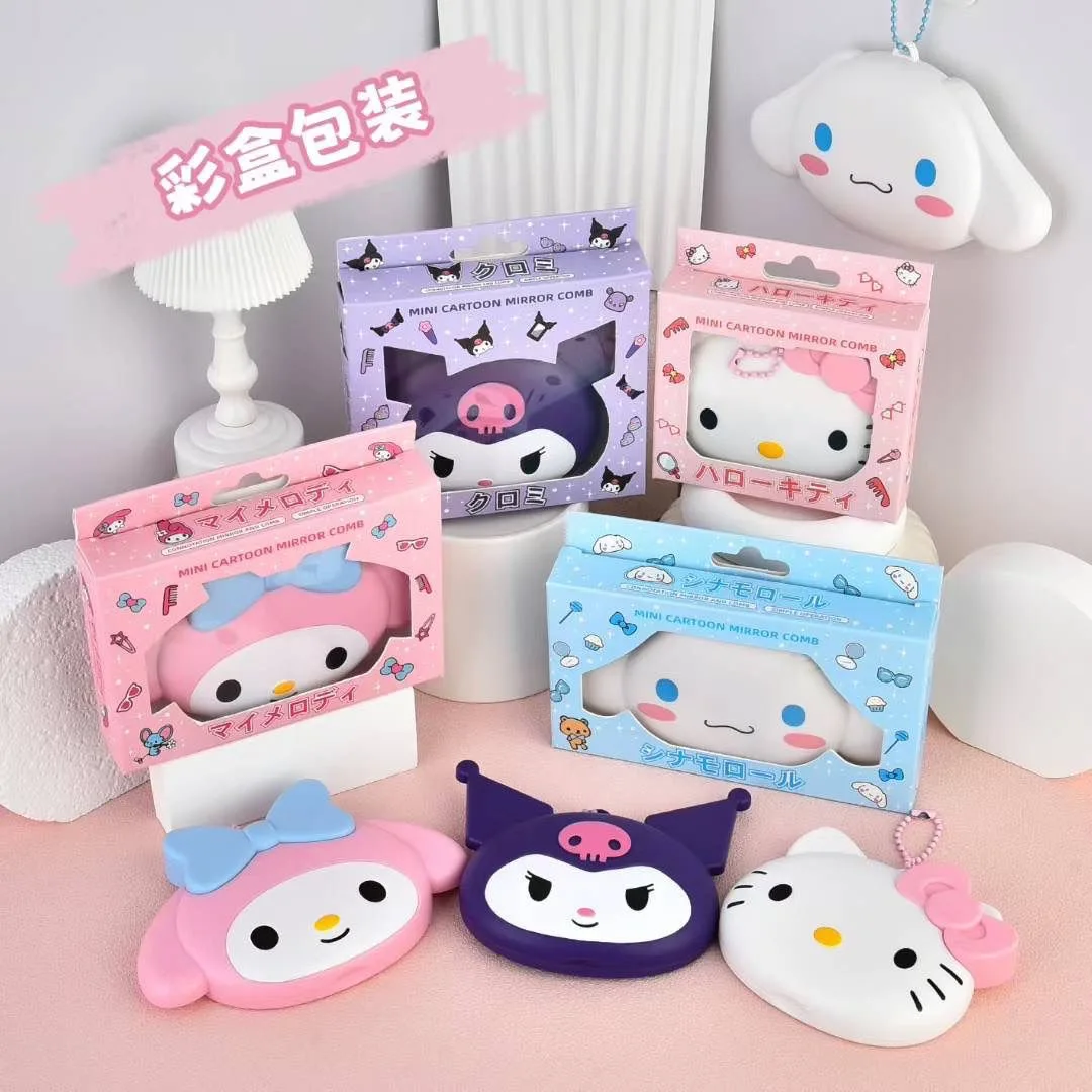 

Sanrios Kuromi Hello Kitty My Melody мультяшный мини-зеркало-гребень, портативное флип-зеркало, милый дорожный набор для макияжа для девочек