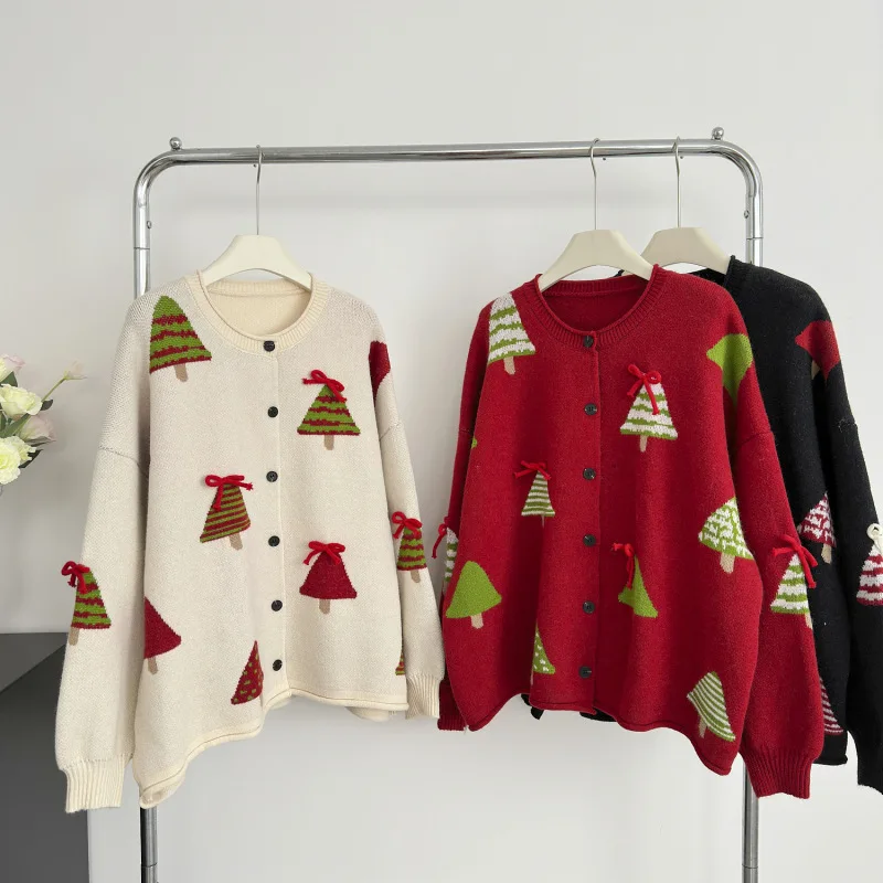 عيد الميلاد المرأة سترة النسخة الكورية فضفاضة جولة الرقبة شجرة عيد الميلاد الجاكار سترة مشغولة من الصوف سترة الخريف الشتاء أعلى جديد
