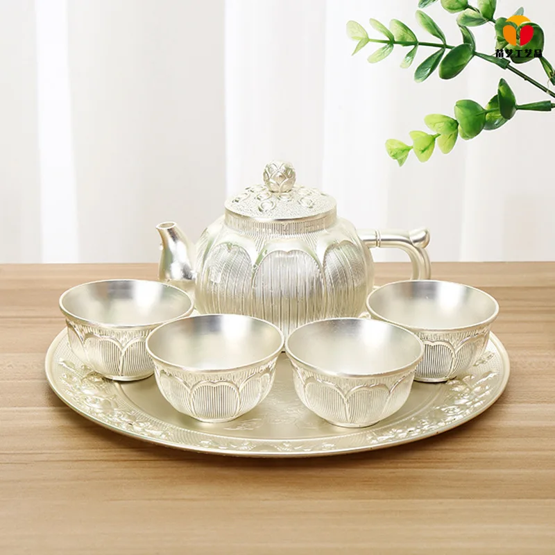 

6pcs /Set Silver Plated Metal Material Tea Pot And Cups Chinese Tea Cup For Home Decoration CJ04