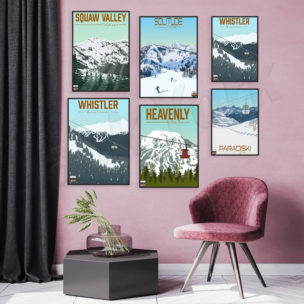 Whitewater BC, Mont Tremblant, Lone Utah, Idaho, Squaw Valley, CA, France, Mammoth Mountain ski resort travel poster