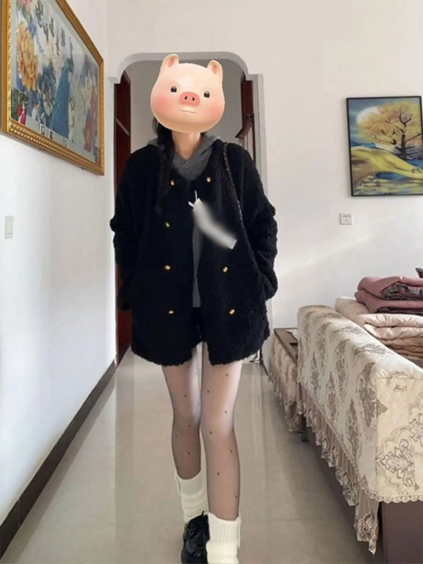 plus Size Women's Black Lamb Fur Jacket Thickened Double Row Buttons round Neck Cotton Inserted Autumn Winter New Style Coat