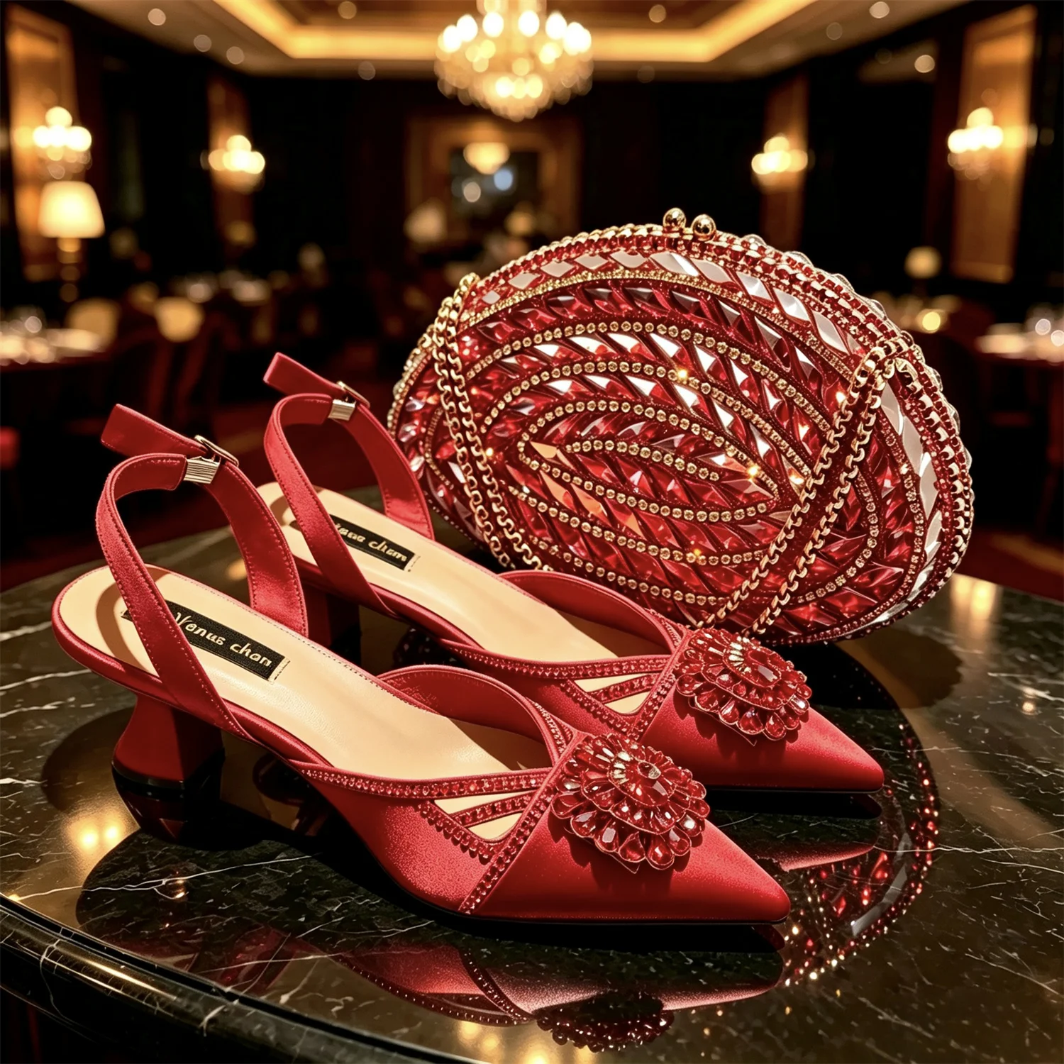 Red Color Crystal Decoration Style Round Heels Friends Party Sandals Nigerian Fashion Ladies Shoes and Bag For Wedding