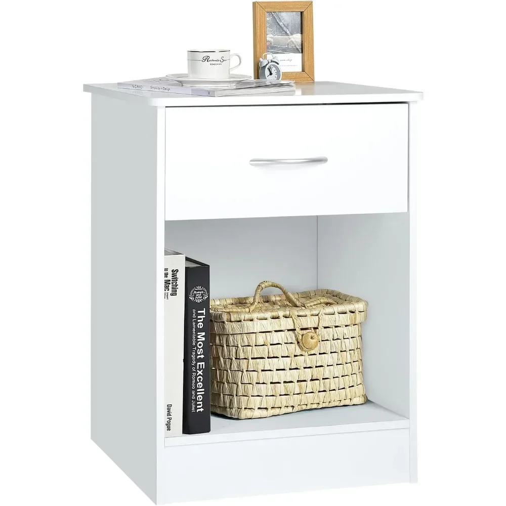 

White Nightstand with Drawer and Storage Shelf, Bedside Table End Tables, File Cabinet Storage with Sliding Drawers and Shelf