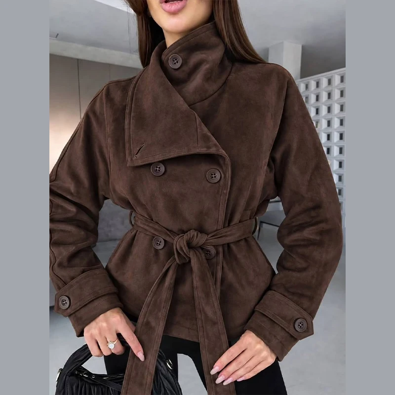 Damen-Wildlederjacken mit Stehkragen, seitlicher Knopfleiste, doppelreihig, mit Gürtel, Herbstmantel, langärmelig, einfarbig, neue Oberbekleidung – Detail 12