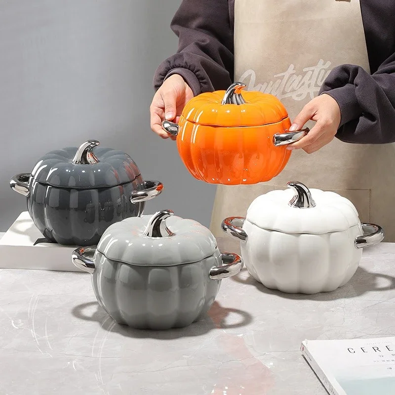 Pumpkin Dessert Bowl Large Cartoon Pumpkin Pot Double-eared Lided Cake Plate Ramen Bowl Tableware Ceramics Japanese Bowls
