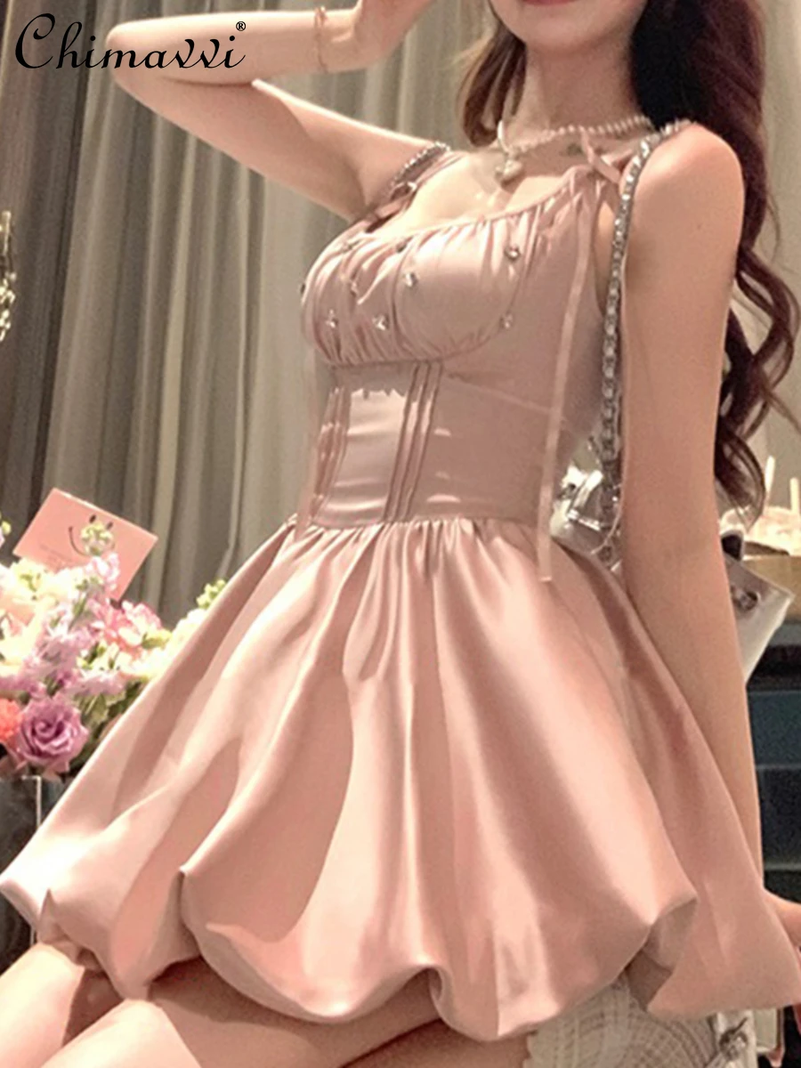 

French Sweet Pink Beading Bow Suspenders Dress 2024 Summer Dresses New Exquisite Rhinestone Elegant Girly Style Mini Bud Dress