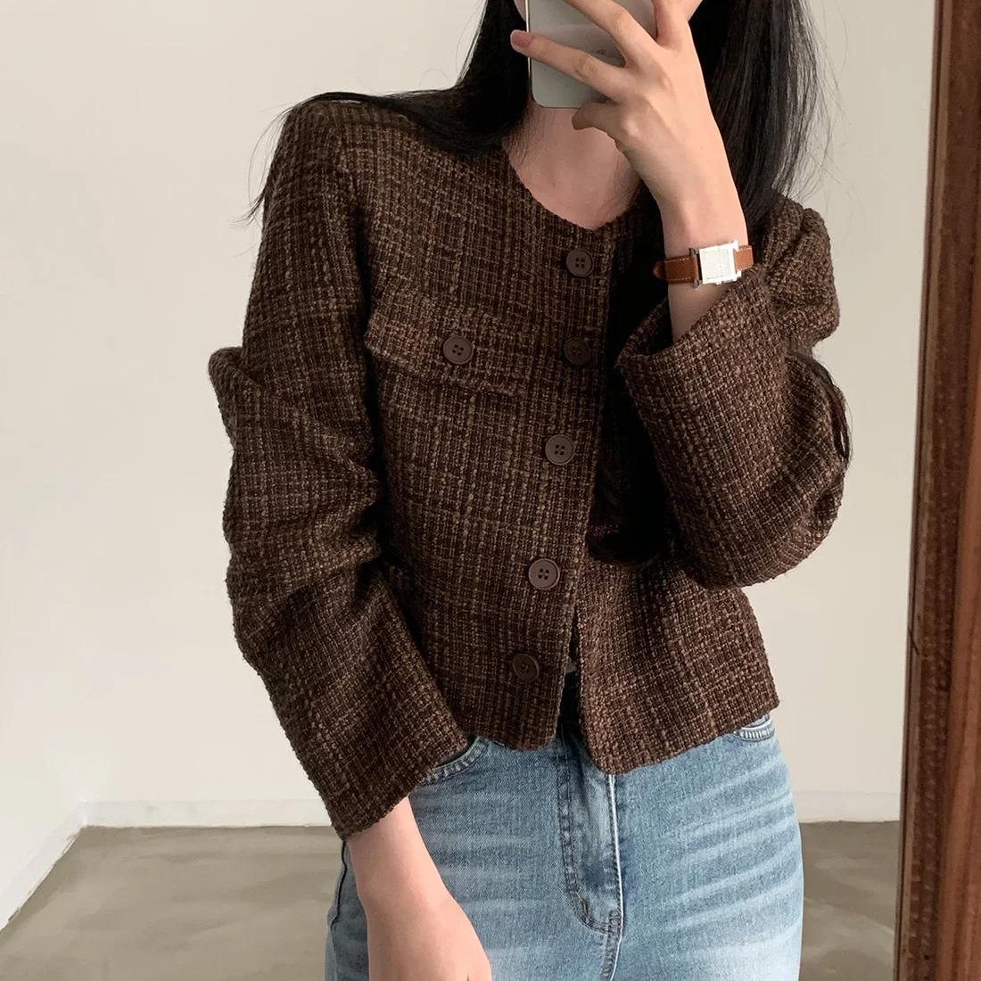 Coarse Woolen Woven Short Single Breasted Small Fragrant Style Jacket, Suit Top