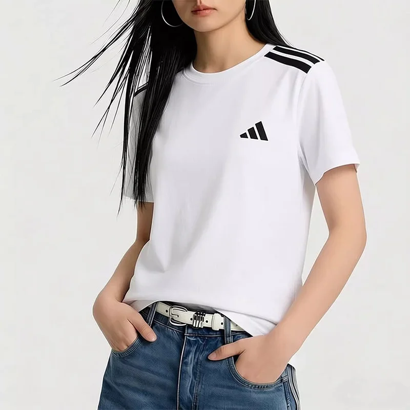 

Женская футболка Adidas JX1869 с 3 полосками, коротким рукавом, белая, с круглым вырезом, повседневная, спортивная