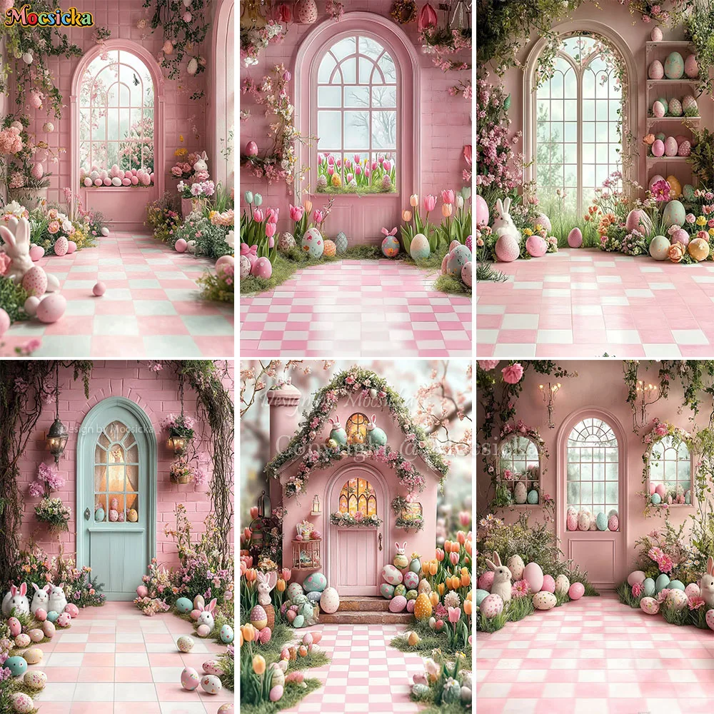 Mocsicka Easter Garden Background Photography Spring Pink Egg House Flowers Window Backdrop Decor Girl Birthday Cake Smash Photo