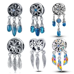 Atrapasueños de plumas de plata de ley 100% auténtica, cuentas de borla, compatible con pulsera Qikaola Original, brazalete, joyería artesanal, 925