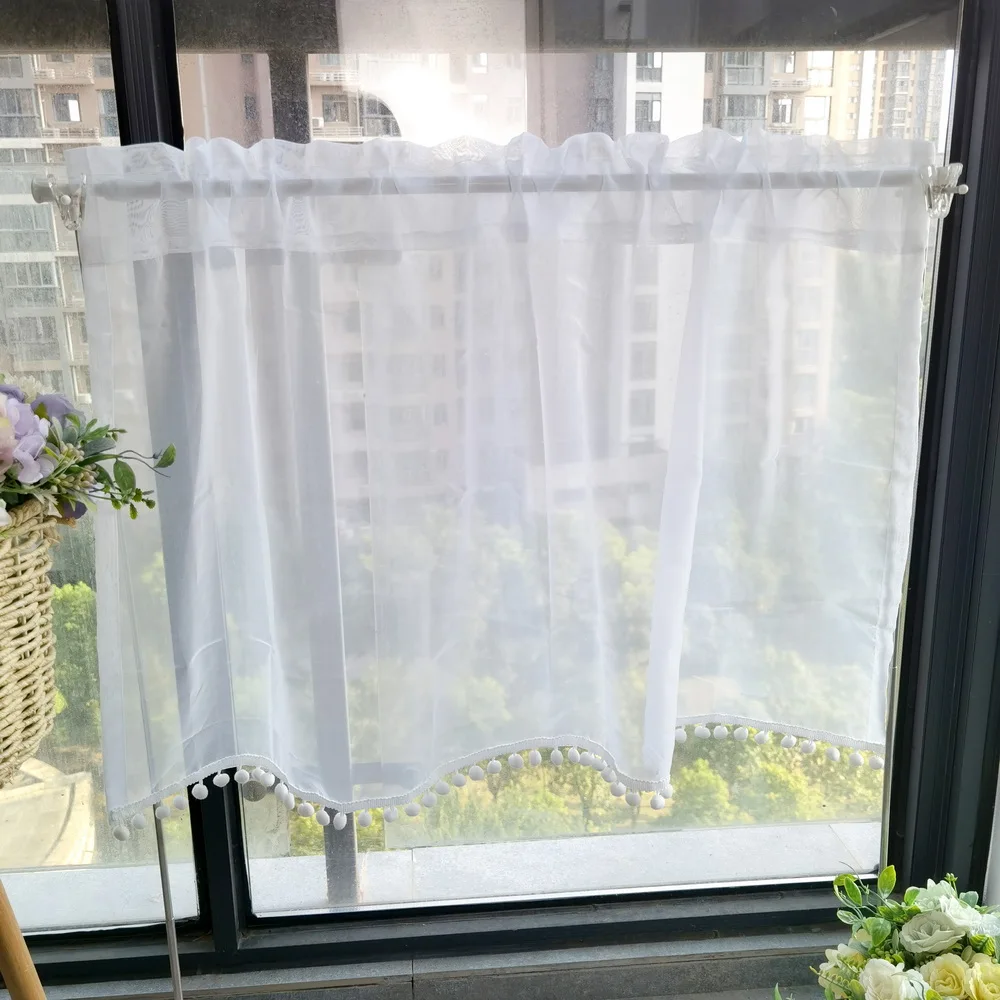 White Pastoral Half Blackout Short Tulle Curtains Lace Tassels Kitchen Bedroom Living Room Window Valance Sheer Curtains Panel