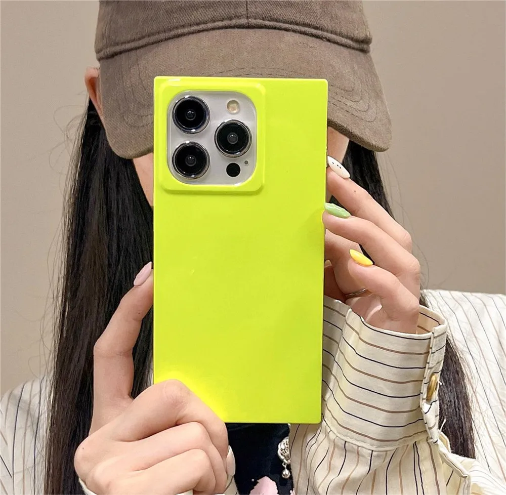 Lovebay Fluorescent Color Square-Shape Silicone Phone Case For iPhone 13 14 15 Pro Max Soft Shockproof Back Bumper Cover Funda