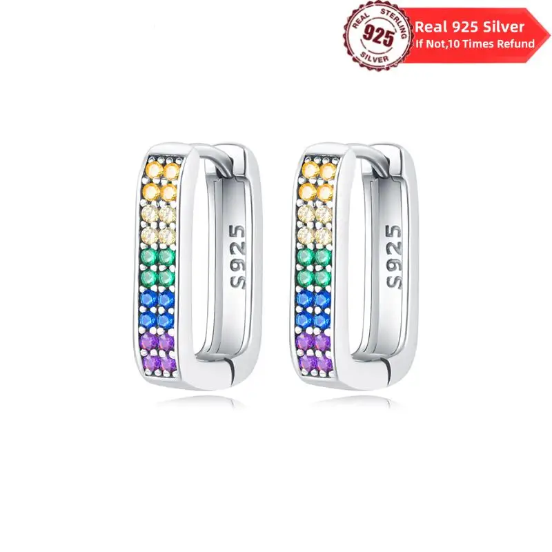 Women Silver Colorful U-shaped Earrings For Women Original 925 Sterling Silver Geometric Square Zircon Heart Wedding Jewelry