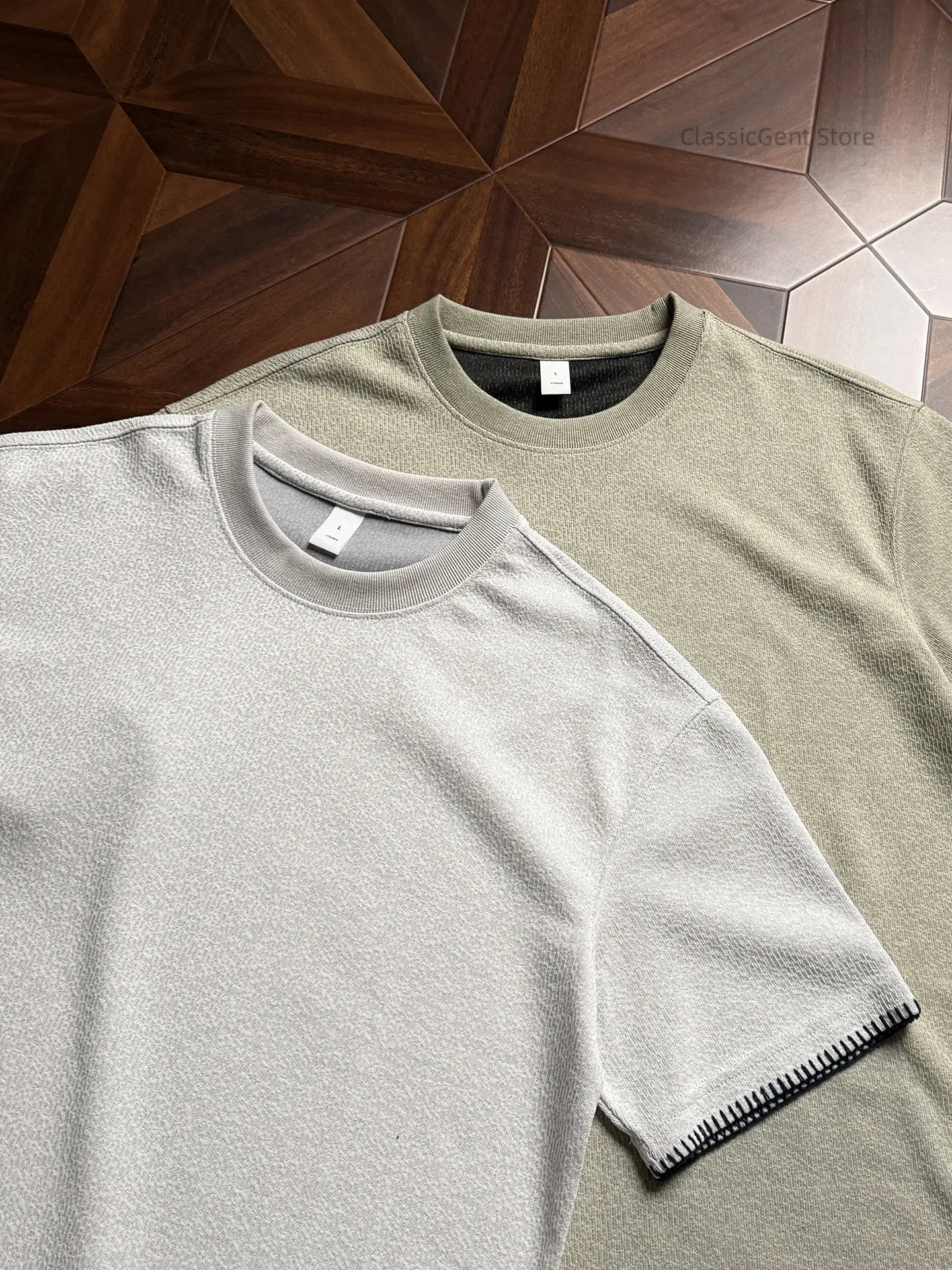 

Contrasting Shell Needle Edging 9.1oz Loose Short Sleeve T-Shirt Clean Fit Knitted Sweater