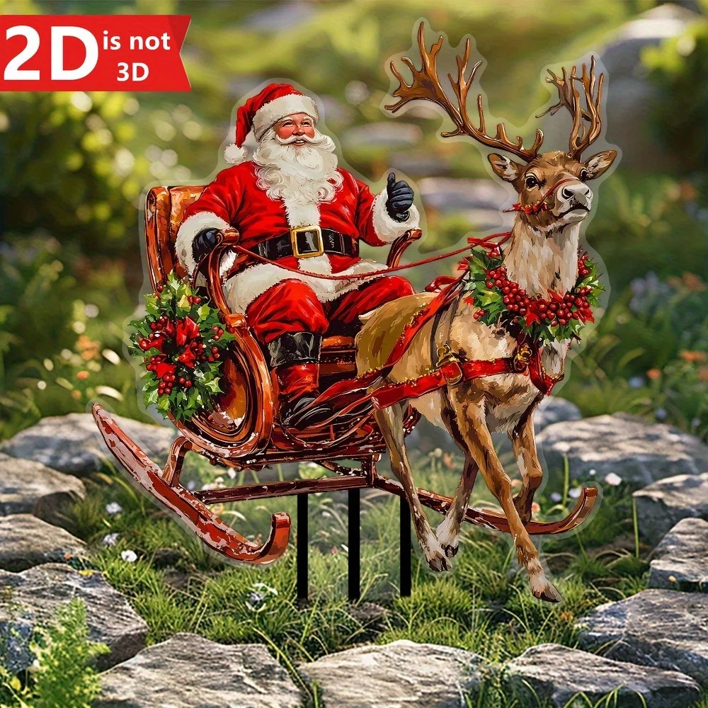 

2D Santa & Reindeer Sled Garden Card. Weather-resistant outdoor decor for courtyard & flowerpots. Creative holiday gift.