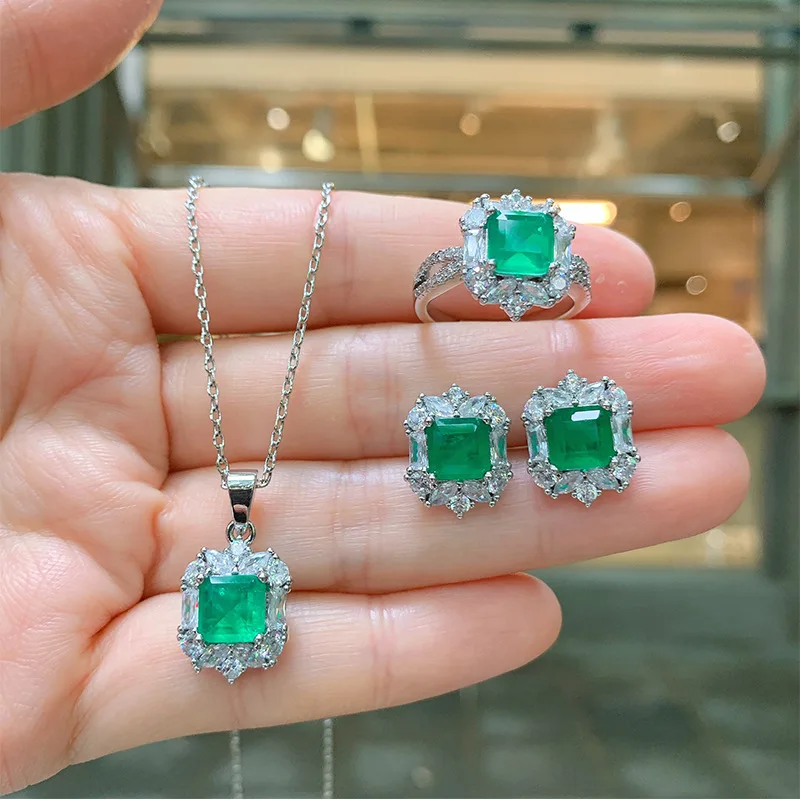 

Small Square Emerald Jewelry Set Noblewoman Necklace Pendant Ring Earrings Women European and American Jewelry Set