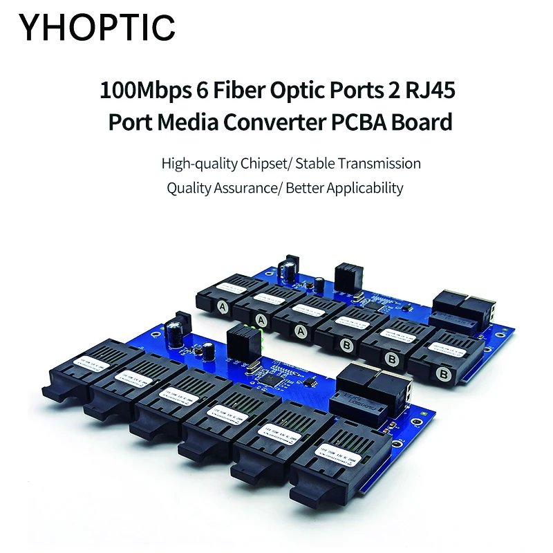 Single Mode Fiber Optic Converters, PCBA Board, 2 RJ45 Port, 6 Fiber Optic Ports, 0-20km, 1310/1550 Mbs