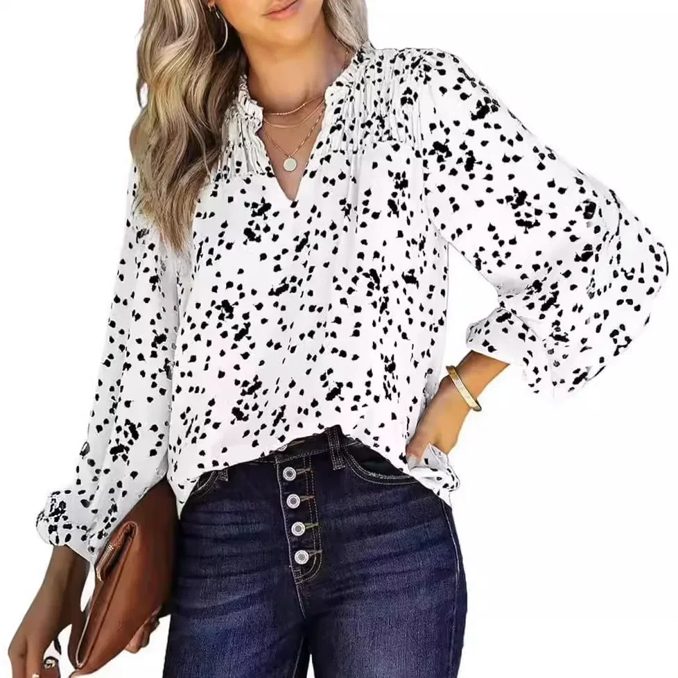 

V-neck Long-sleeved Polka Dot Print Summer New Women's Top Pleated Shirt Blouse Tops