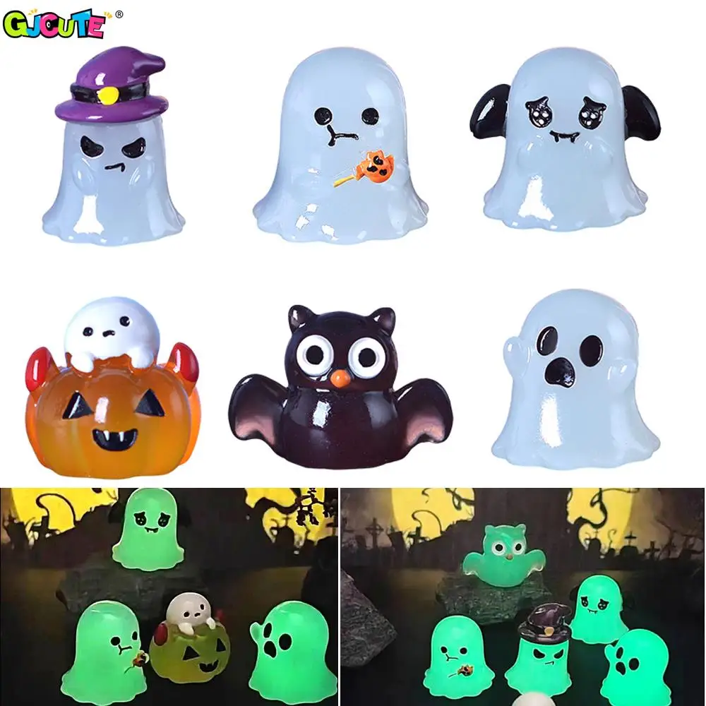 6Pcs/set Luminous Halloween Ornament Cartoon Owl Ghost Pumpkin Fairy Garden Micro Landscape Decoration Dollhouse Miniature Toy