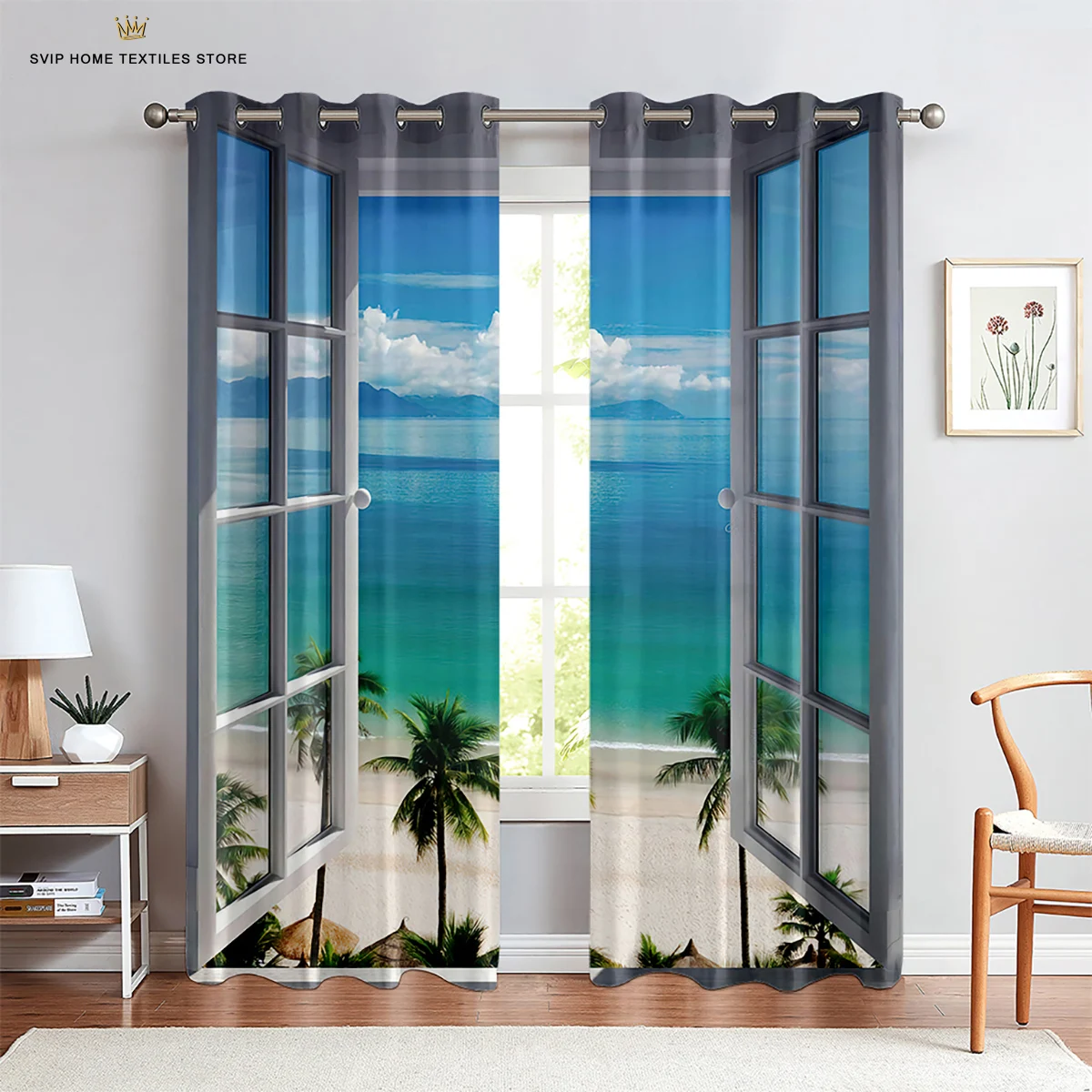 Beach window curtain, forest, natural, landscape, shading, bedroom, living room, kitchen, 2pieces